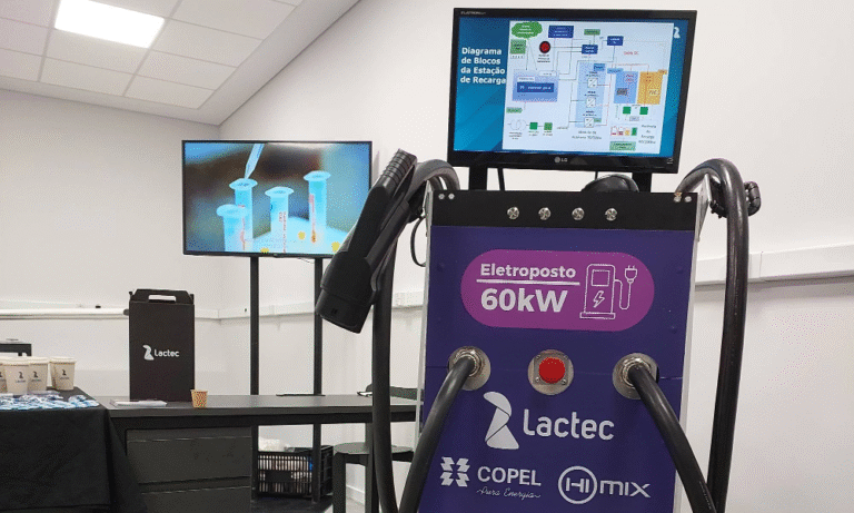 Projeto de carregador rápido para veículos elétricos e eletrificados desenvolvido com tecnologia brasileira pelo Lactec em parceria com a Copel.