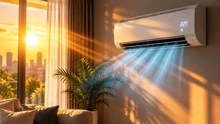 Ar-condicionado ajustado para 22 °C em ambiente residencial durante o calor.