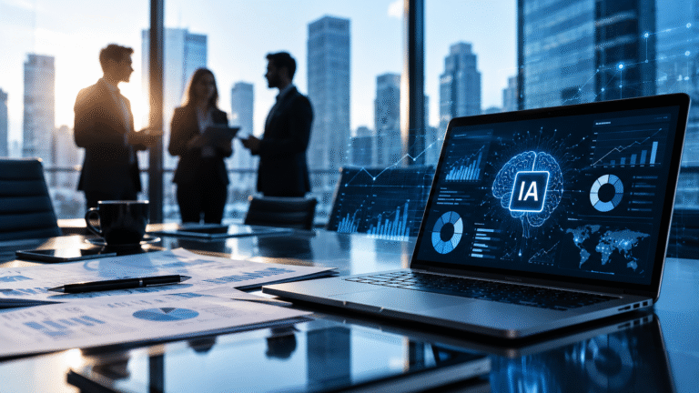 Profissionais em reunião corporativa analisam dados e aplicações de inteligência artificial.