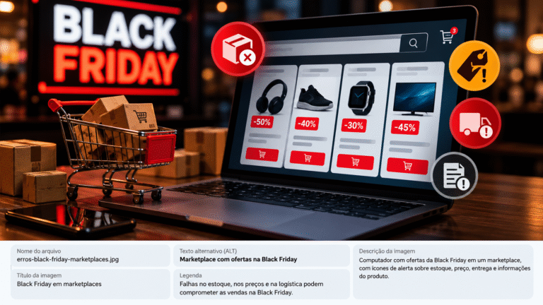 Marketplace com ofertas na Black Friday e alertas sobre estoque, preços e entregas.