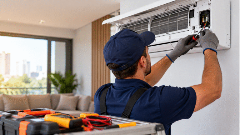 Técnico realiza manutenção em aparelho de ar-condicionado residencial.