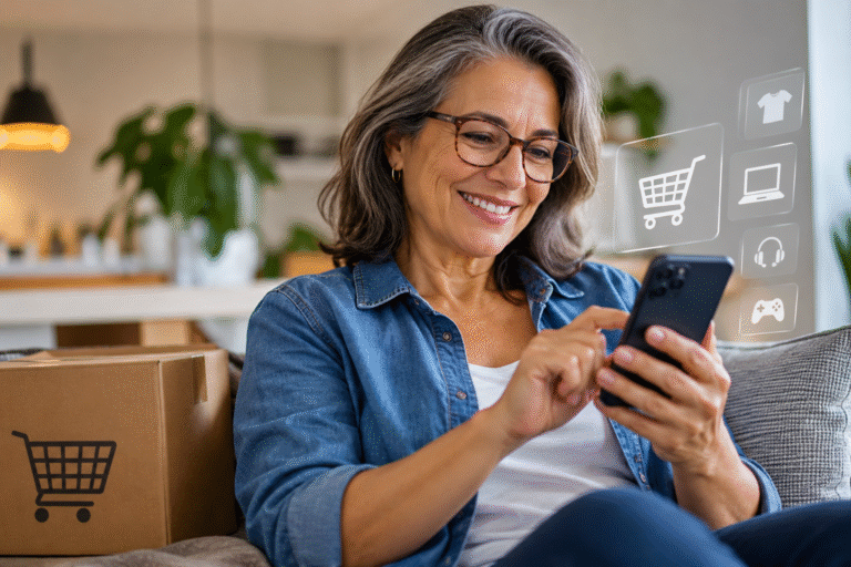 Mulher com mais de 45 anos faz compras online pelo celular