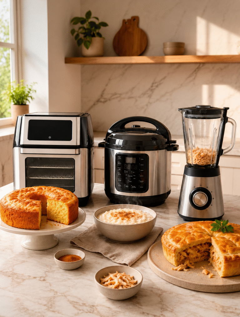 Eletroportáteis de cozinha com air fryer, panela elétrica e liquidificador ao lado de receitas caseiras.